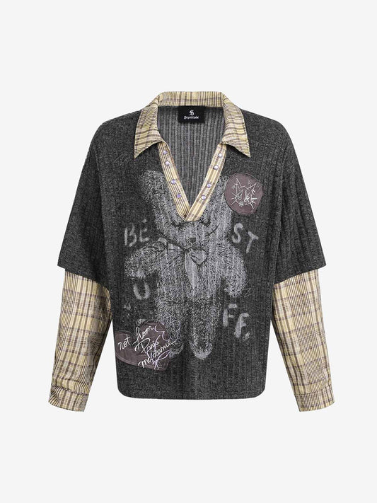 Graffiti Bear Graphic Striped Layered Long Sleeve Tee