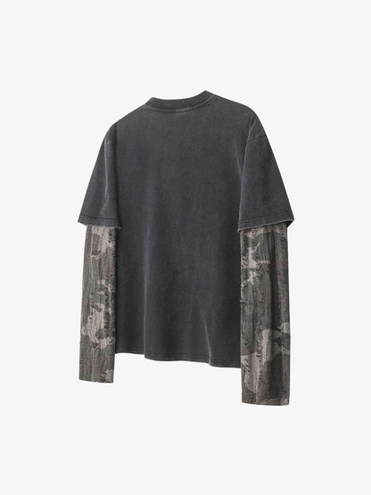 Cotton Blend Oversized Graphic Tee with Leopard Horse Print and Camo Layered Sleeves 