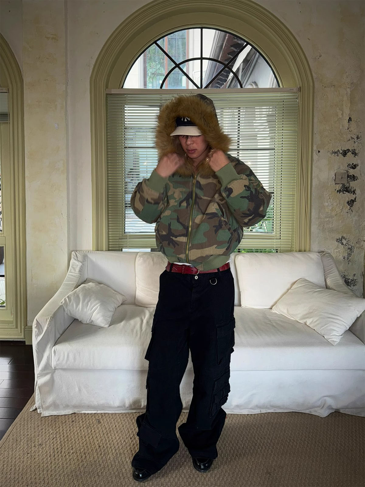 Camouflage Bomber Jacket with Faux Fur Hood for Winter and Fall 