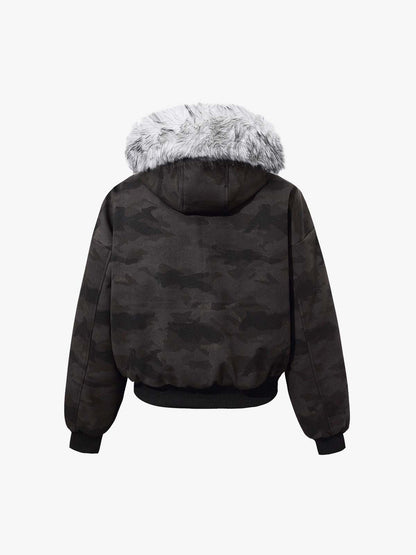 Camoflage Faux Fur Collar Zip Design Bomber Jacket 