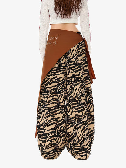 Retro Zebra Print Asymmetric Draped Patchwork Barrel Pants 