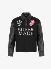 Distressed Graphic Faux Leather Long Sleeve Polo