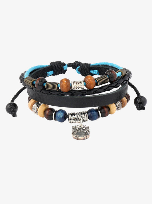 Leather and Beaded Wrap Bracelet with Silver Charm for Men and Women 