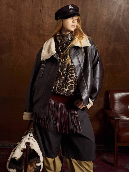 Vintage Shearling Collar Quilted Leather Jacket 