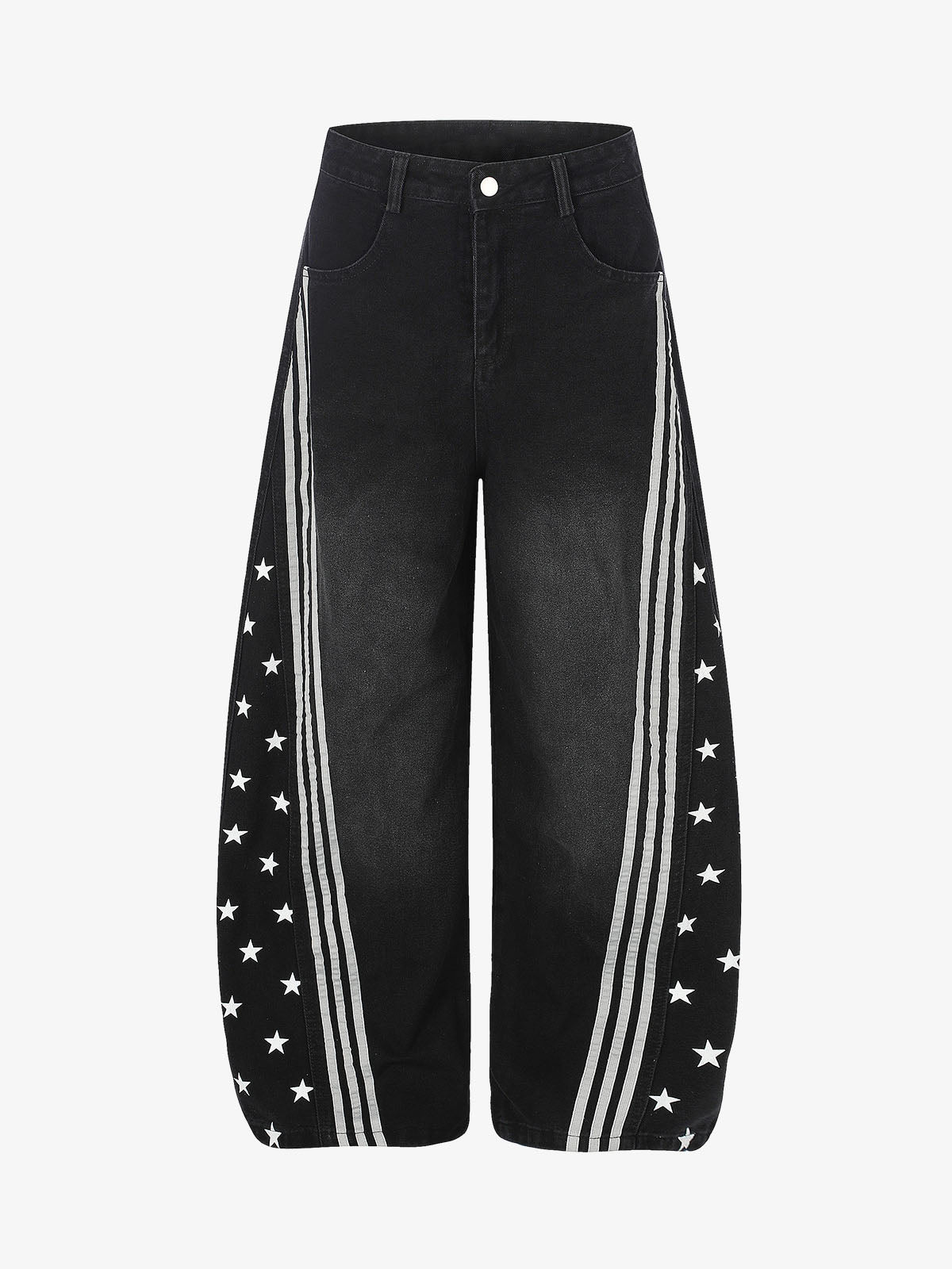 Star Print Curved Stripe Barrel Baggy Jeans