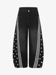 Star Print Curved Stripe Barrel Baggy Jeans