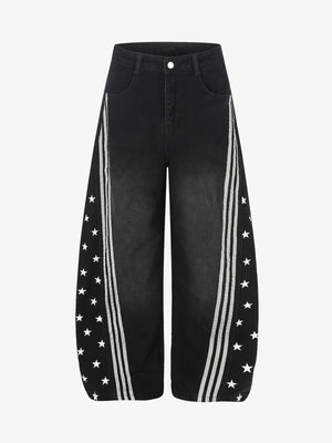 Star Print Curved Stripe Barrel Baggy Jeans