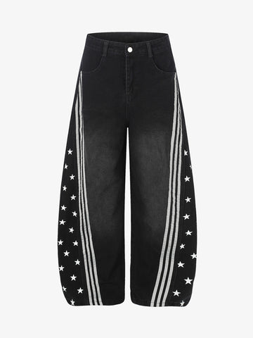 Star Print Curved Stripe Barrel Baggy Jeans