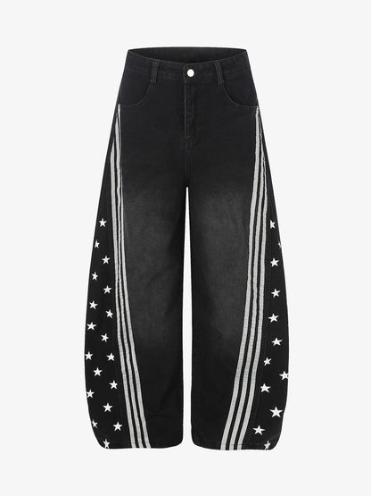 Star Print Curved Stripe Barrel Baggy Jeans