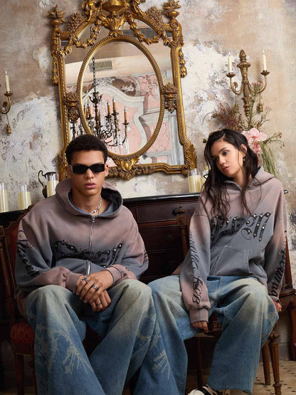 Supermade Vintage Distressed Studded Gothic Font Zipper Sweatshirt 