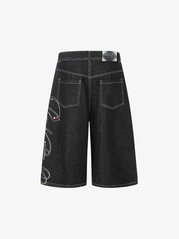 Embroidered Rhinestone Baggy Jorts