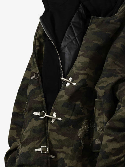 Camouflage Hooded Jacket with Distressed Details and Toggle Closure 