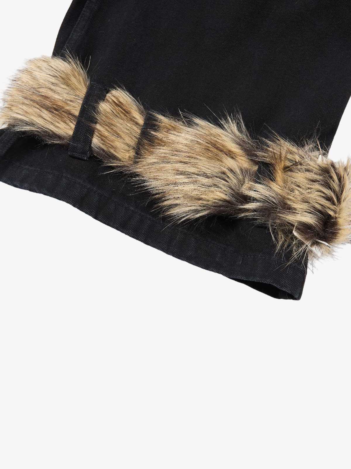 Faux Fur Trimmed Black Cargo Pants with Wide Leg and Multiple Pockets 