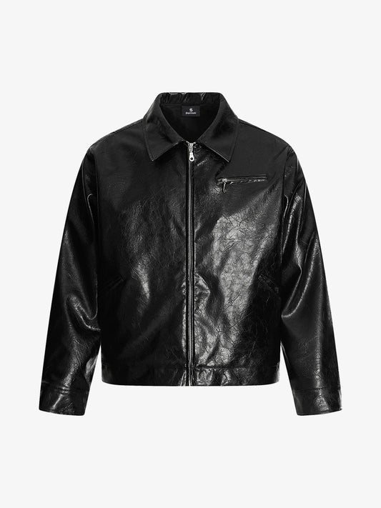 Vintage Street Portrait Print PU Leather Jacket 