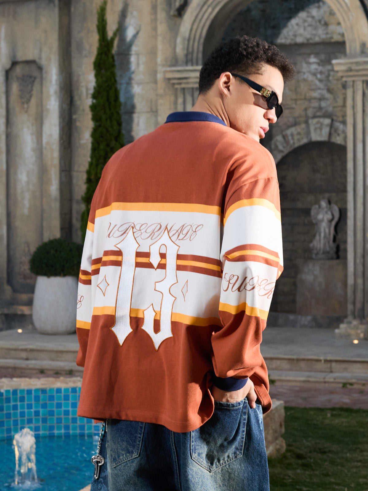 Supermade Color-Blocked Polo Collar Embroidered Print Long-Sleeved Jersey 