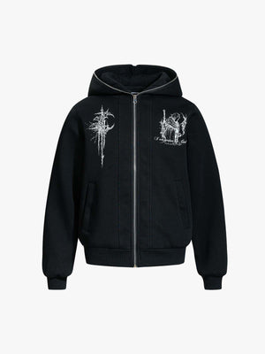 Stylish Hooded Zip-Up Jacket with Unique Graphic Design 