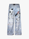 Denim Wide Leg Jeans with Dalmatian Print and Studs, Distressed Design for Streetwear Fashion 