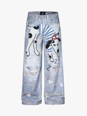 Denim Wide Leg Jeans with Dalmatian Print and Studs, Distressed Design for Streetwear Fashion 
