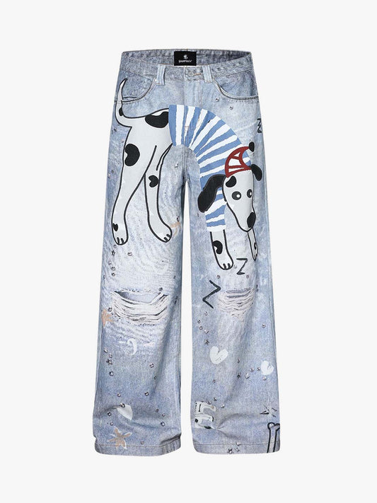 Denim Wide Leg Jeans with Dalmatian Print and Studs, Distressed Design for Streetwear Fashion 