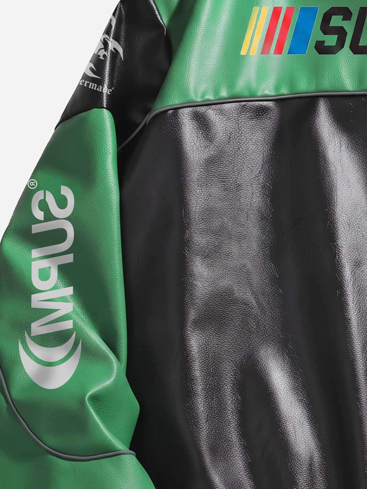 Asymmetric Racing Graphic Color Block Faux Leather Jacket