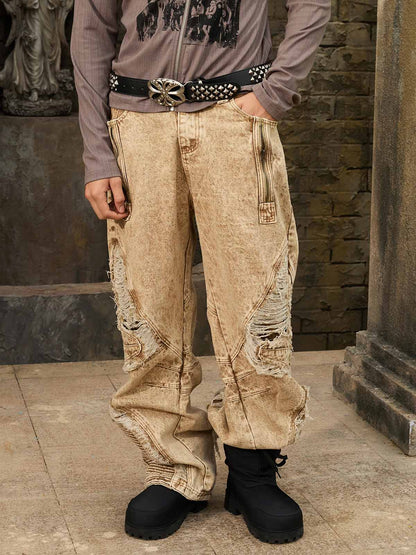 Distressed Denim Cargo Pants with Ripped Details and Patchwork Design for Men Women Fashion Streetwear 