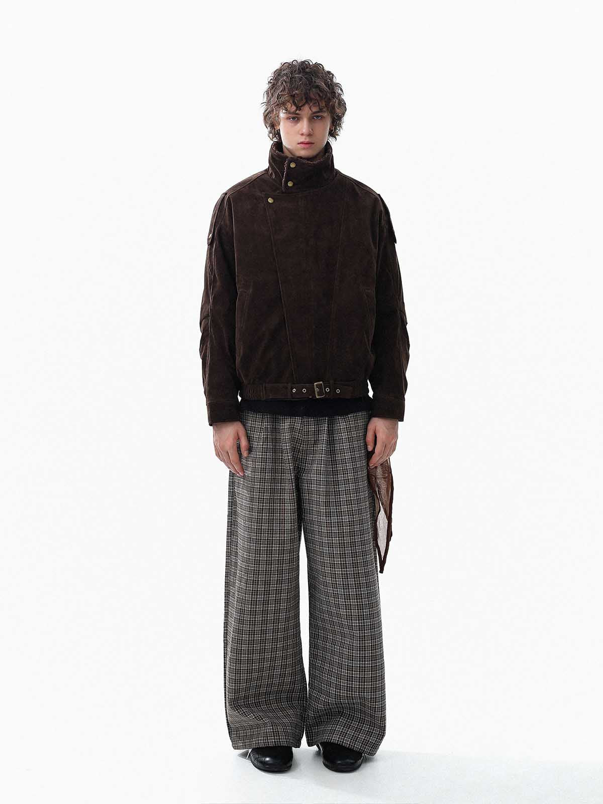 Retro Lambswool Stand Collar Asymmetrical Suede Padded Jacket 