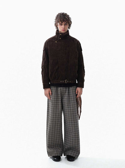 Retro Lambswool Stand Collar Asymmetrical Suede Padded Jacket 