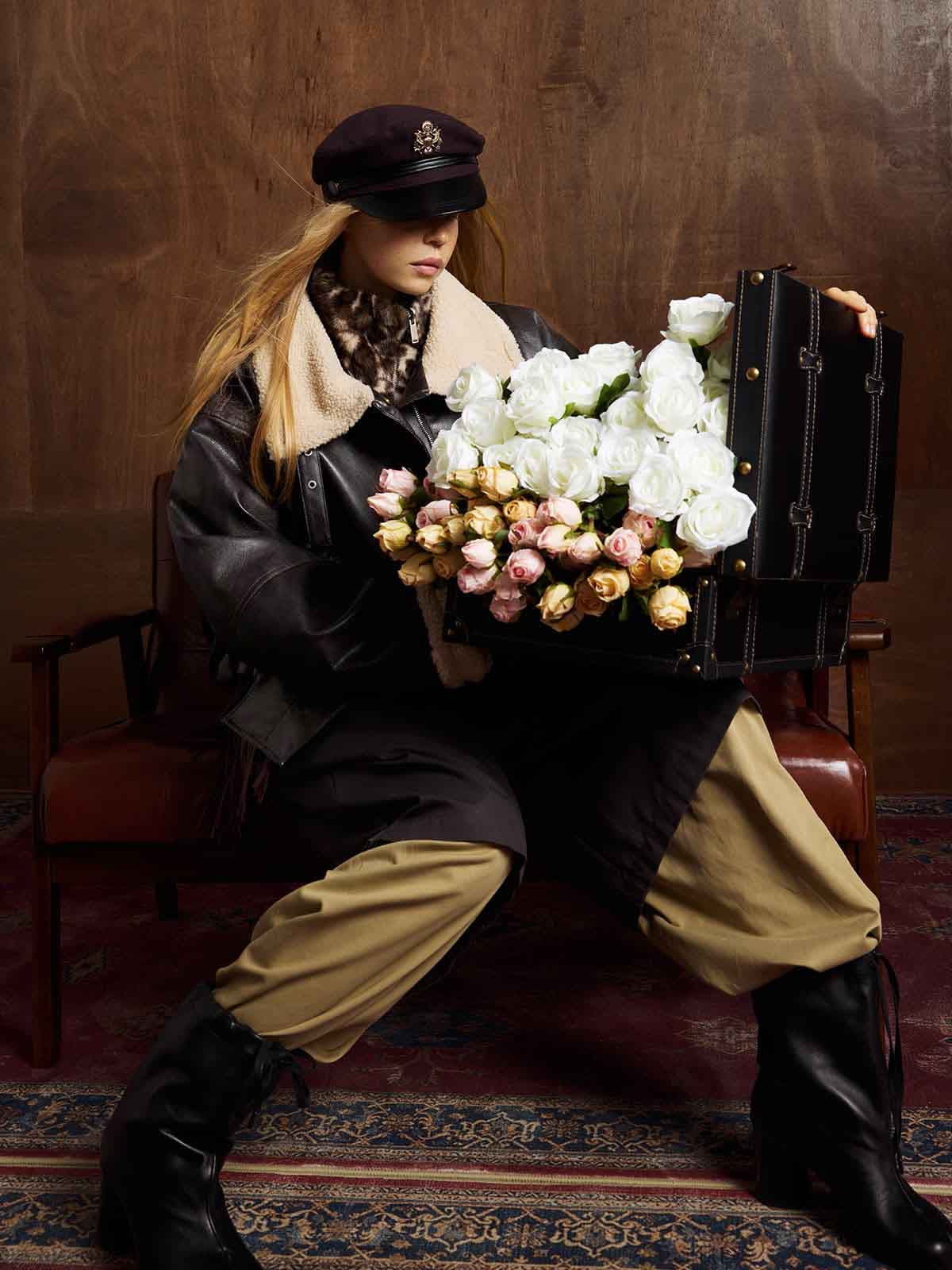 Vintage Shearling Collar Quilted Leather Jacket 