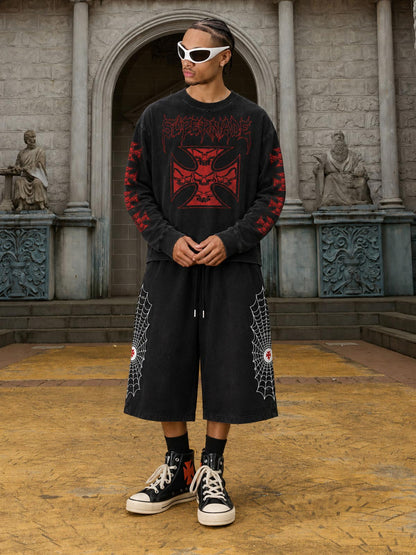 Spiderweb Print Wide-Leg Cropped Sweatpants
