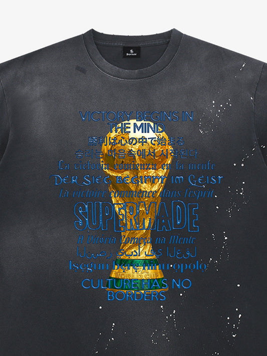 Heavy Wash Splash Ink Loose Edition Short Sleeve T-Shirt with "FIFA" World Cup Motif printed with the "FIFA" motto and multilingual design motif 