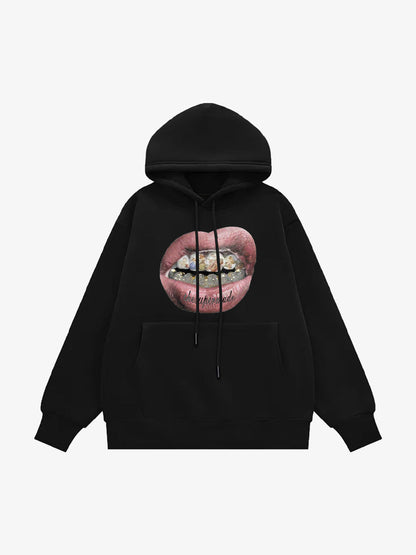 Hip-hop Mouth Gold Print Velvet Hooded Sweatshirt 