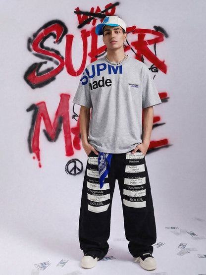 Wide Leg Striped Patchwork Letter Print Pants