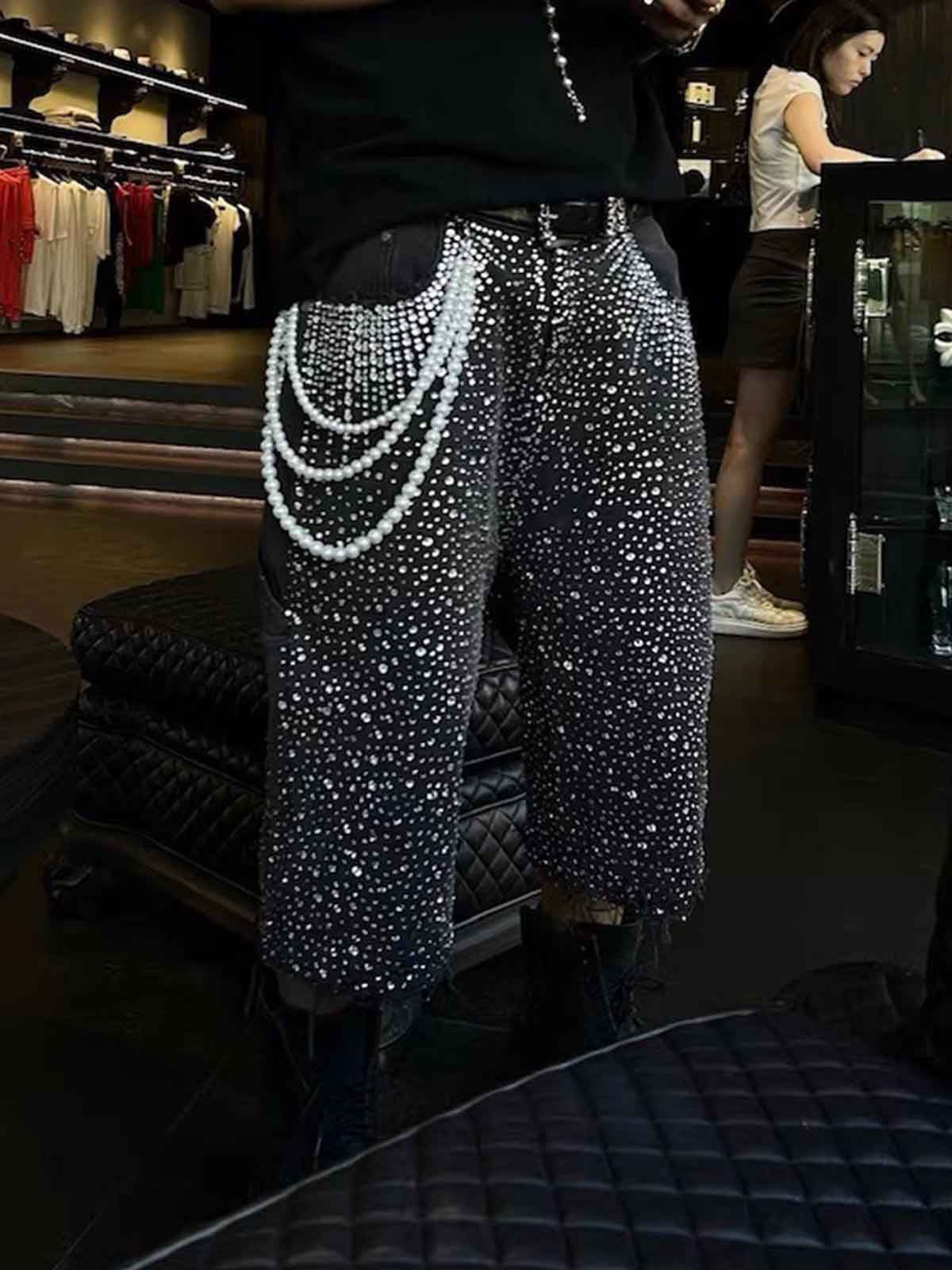 Studded Denim Cargo Shorts for Men with Rhinestone Embellishment, Fashionable Streetwear Style, Distressed Hem Design 