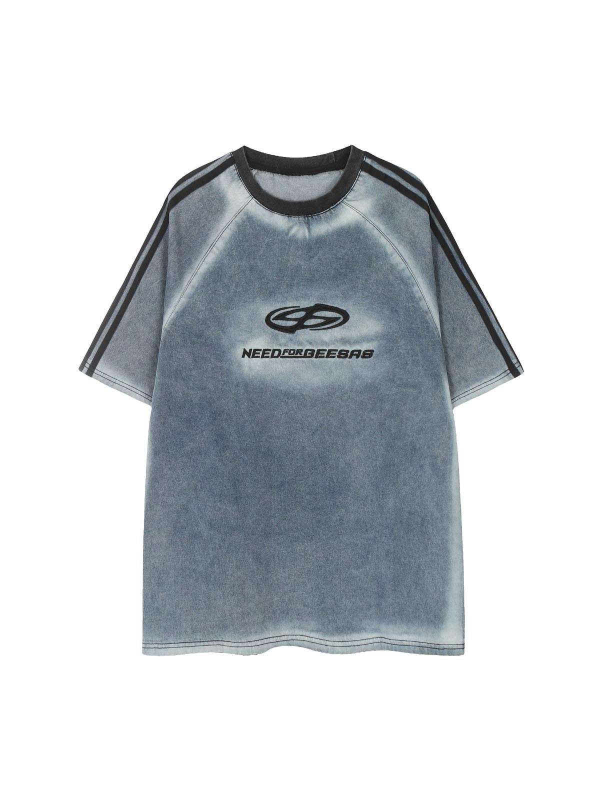 Retro Letter Embroidery Contrast Denim T-shirt 