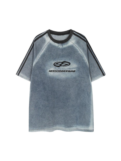 Retro Letter Embroidery Contrast Denim T-shirt 