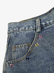 Embroidered Rhinestone Baggy Jorts