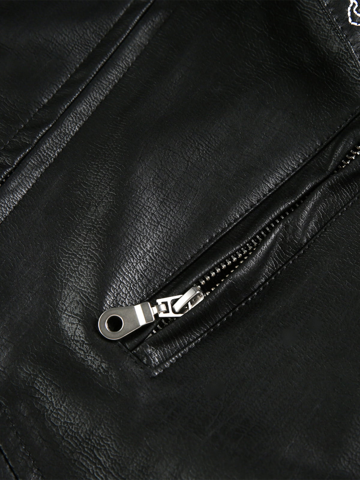 Vintage Embroidered PU Leather Lapel Jacket 