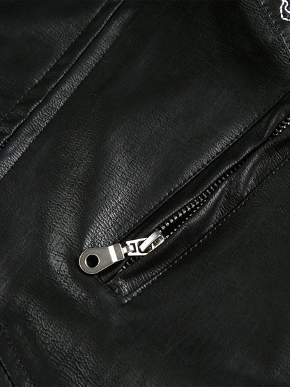 Vintage Embroidered PU Leather Lapel Jacket 