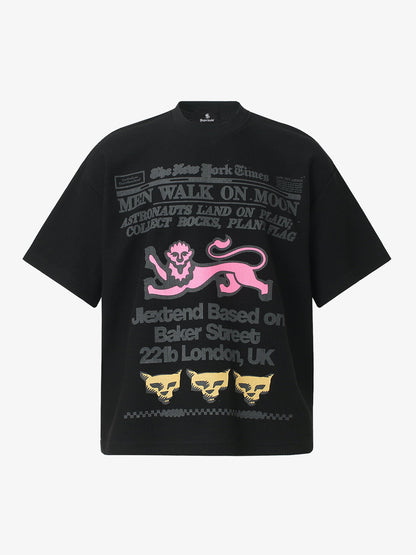 Cotton Waffle Knit Graphic T-Shirt with Moon Landing Print and Lion Design 