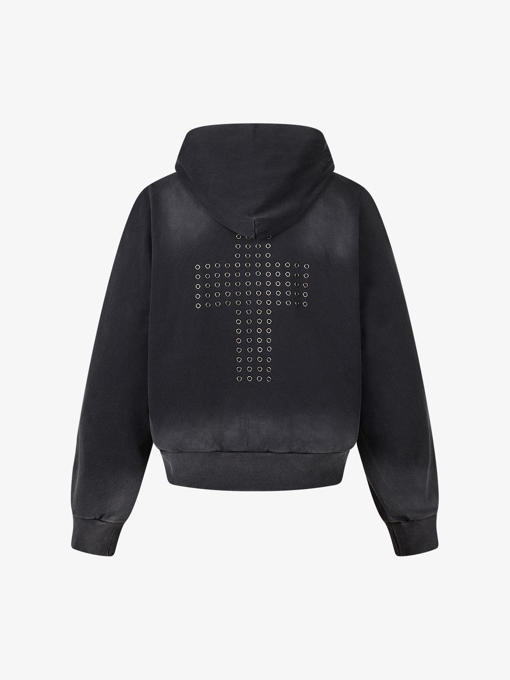 Distressed Grommet Cross Pattern Zip-Up Hoodie