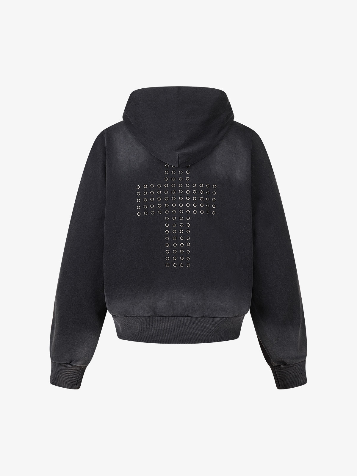 Distressed Grommet Cross Pattern Zip-Up Hoodie
