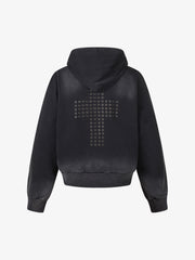 Distressed Grommet Cross Pattern Zip-Up Hoodie