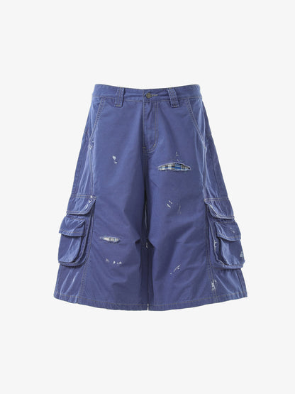 Vintage Distressed Multi Pocket Wide Leg Cargo Shorts 