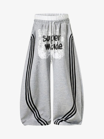 Graffiti Baggy Sweatpants – Double Waist Curved Stripe Streetwear Joggers