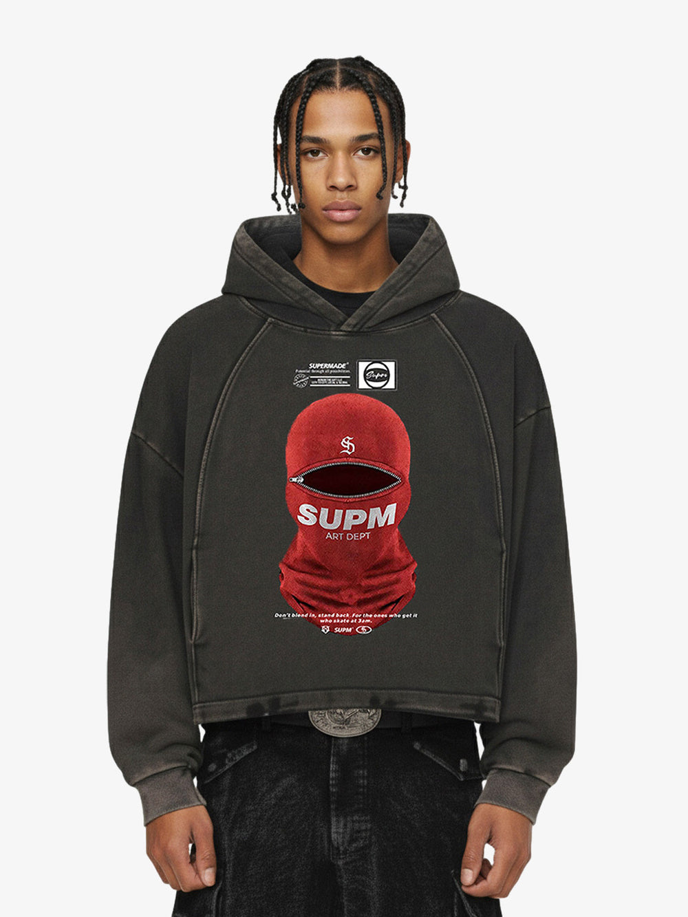 Retro Bandit Hat Graphic Distressed Cropped Hoodie 