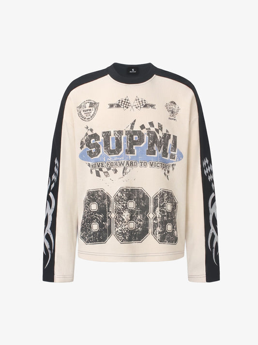 Biker Graphic Color Block Waffle Long Sleeve Tee