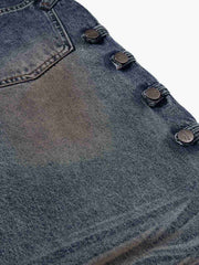 Studded Curved-Seam Washed Wide-Leg Jeans