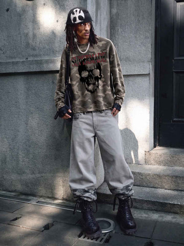 Light Grey Camo Wide-Leg Pants with Embroidered Detail