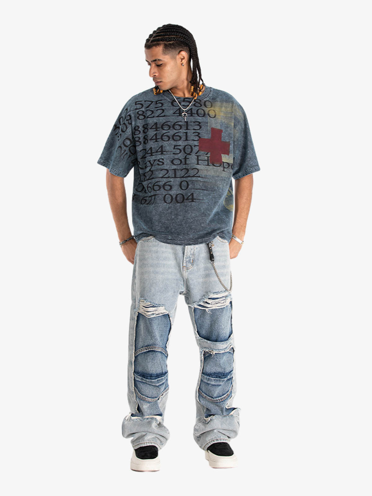 300G Jade Pattern Dyeing Cotton T-Shirt Oversized Streetwear Graphic Tee with Number Print and Red Cross Design 