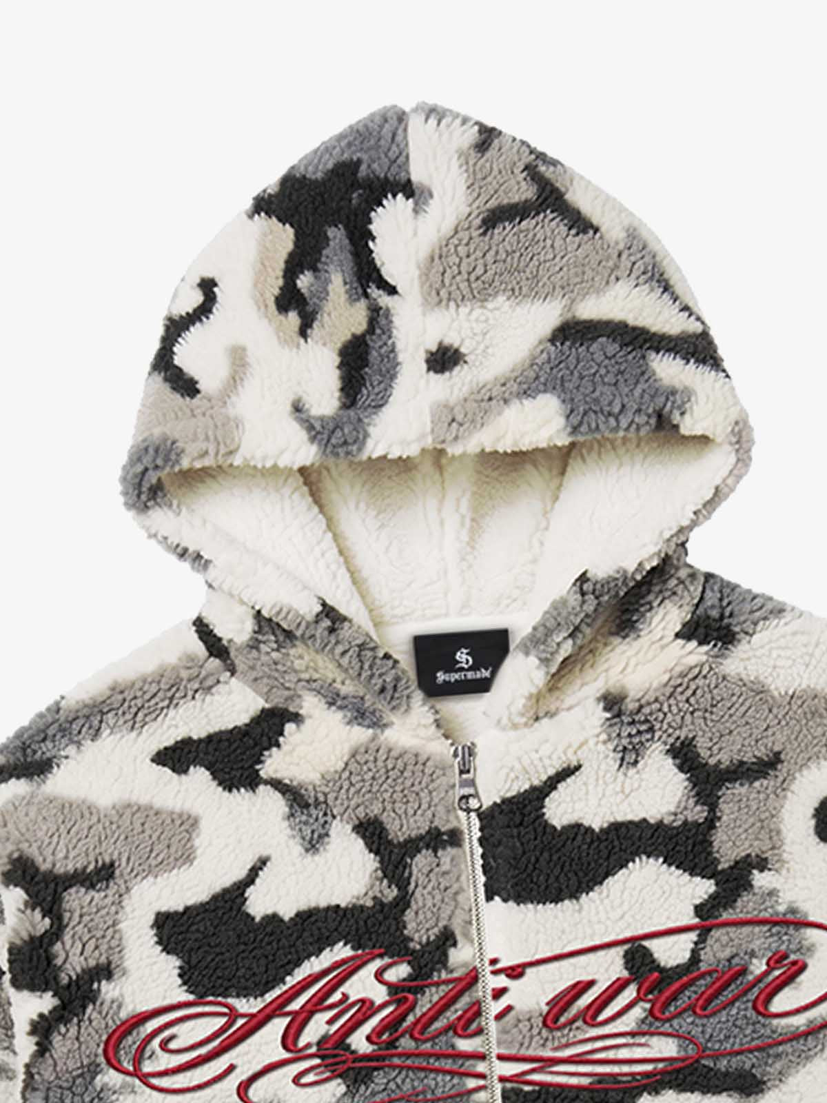 Letter Embroidered Camo Sherpa-Fleece Hooded Padded Jacket